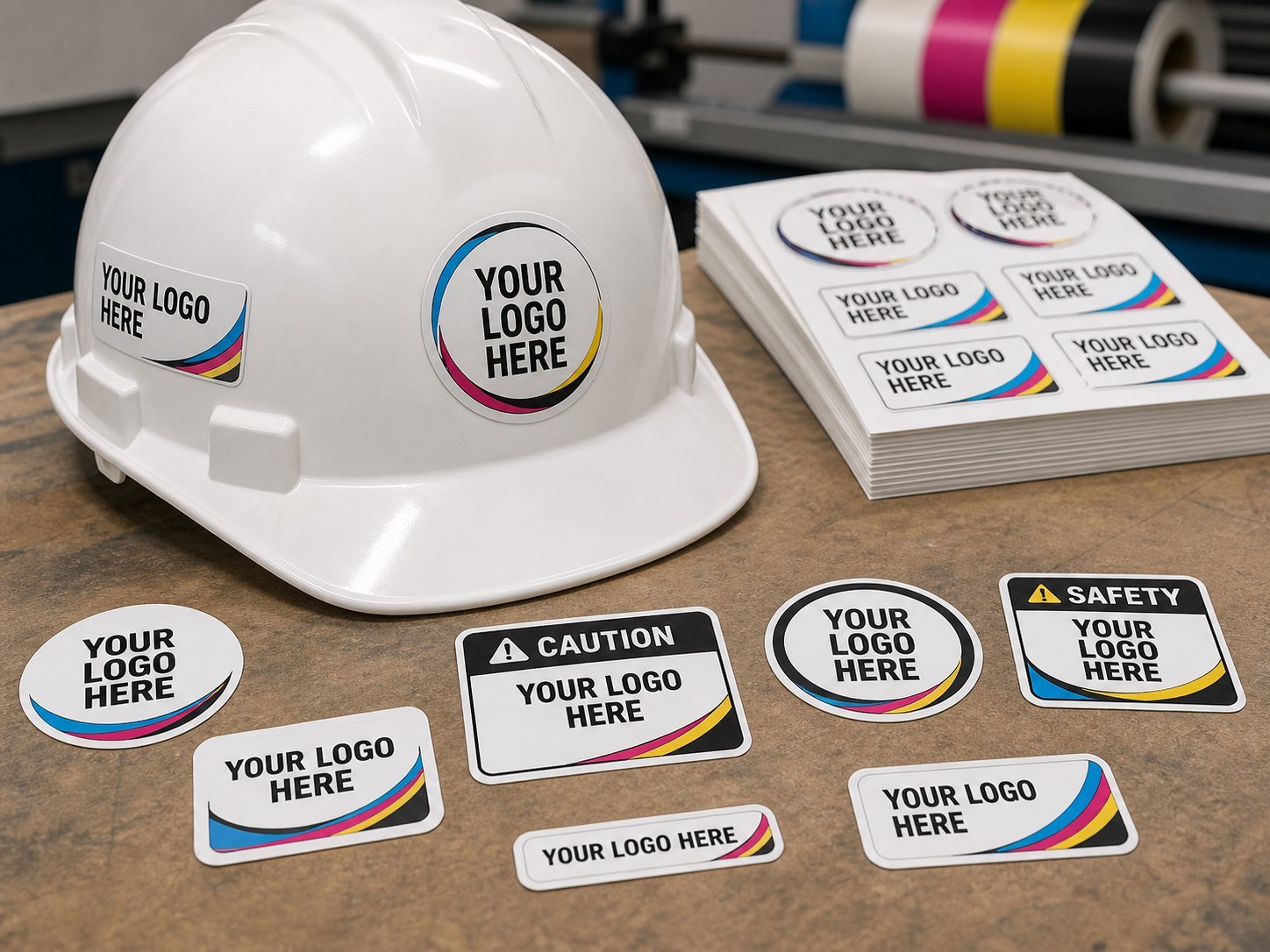 Custom hard hat stickers and small vinyl labels